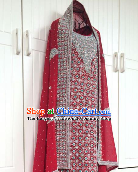 Indian Traditional Court Embroidered Beading Red Wedding Dress Asian Hui Nationality Bride Lehenga Costume for Women