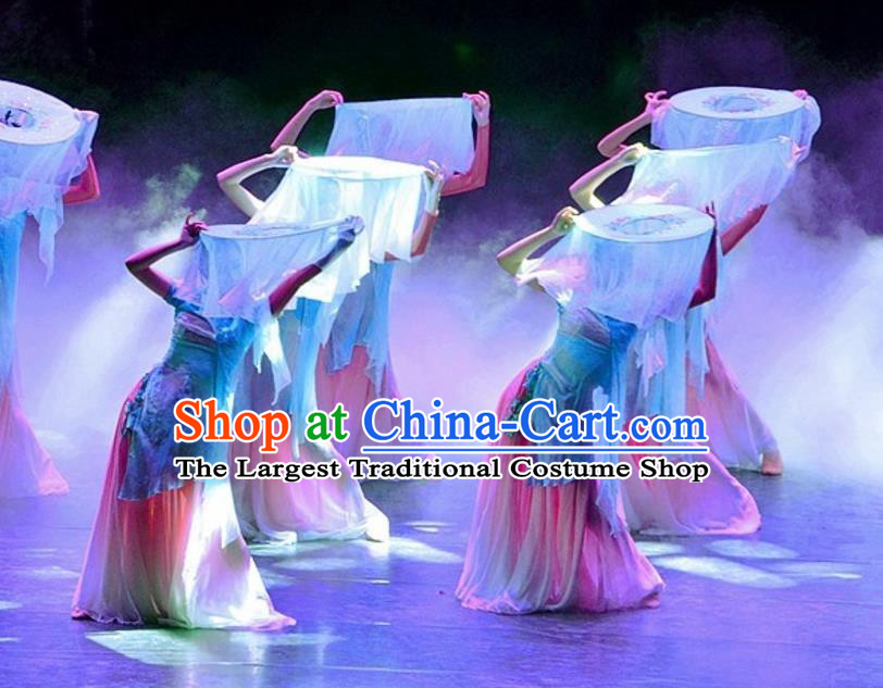 Chinese Colorful Clouds Chasing the Moon Dance Green Dress Traditional Classical Dance Stage Performance Costume for Women