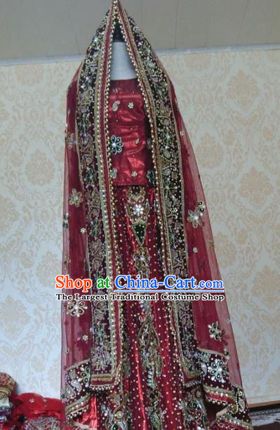 Indian Traditional Court Wedding Diamante Purplish Red Lehenga Costume Asian Hui Nationality Bride Dress for Women