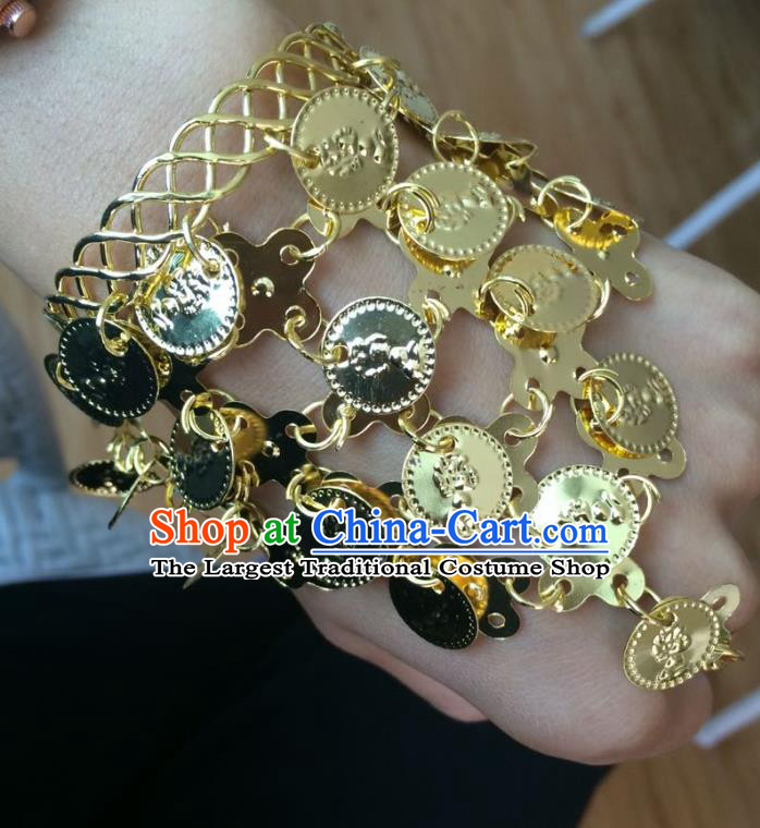 Indian Traditional Wedding Golden Bracelet with Ring Asian India Court Bride Jewelry Accessories for Women