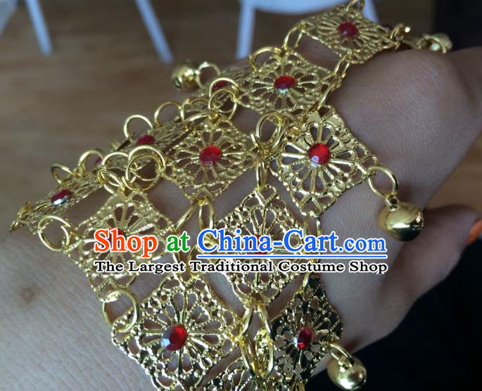 Indian Traditional Wedding Golden Bells Tassel Bracelet with Ring Asian India Court Bride Jewelry Accessories for Women