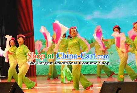 Chinese Flying Kites Fan Dance Green Outfits Traditional Folk Dance Stage Performance Costume for Women
