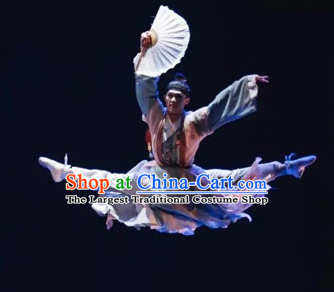 Chinese Traditional Dance Paper Fan Scholar Hanfu Clothing Classical Dance Stage Performance Costume for Men