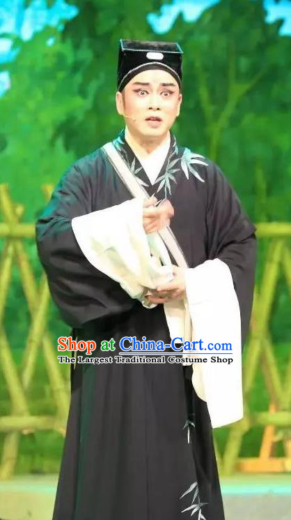 He Wenxiu Chinese Yue Opera Xiaosheng Young Male Black Garment and Headwear Shaoxing Opera Apparels Soothsayer Robe Costumes