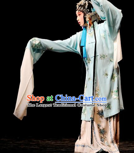 Chinese Kun Opera Actress The Peach Blossom Fan Blue Dress Apparels Peking Opera Hua Tan Garment Li Xiangjun Costumes and Headwear