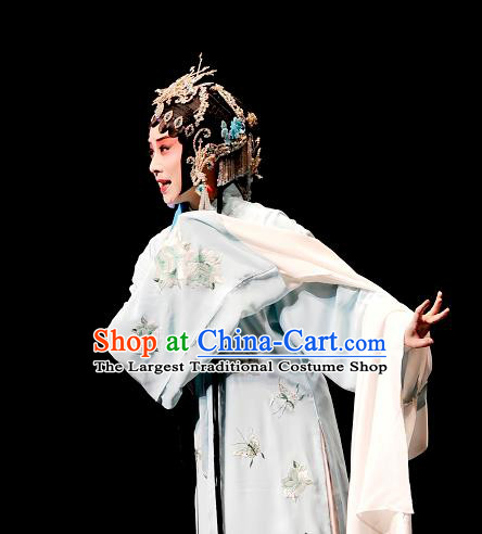 Chinese Kun Opera Actress The Peach Blossom Fan Blue Dress Apparels Peking Opera Hua Tan Garment Li Xiangjun Costumes and Headwear