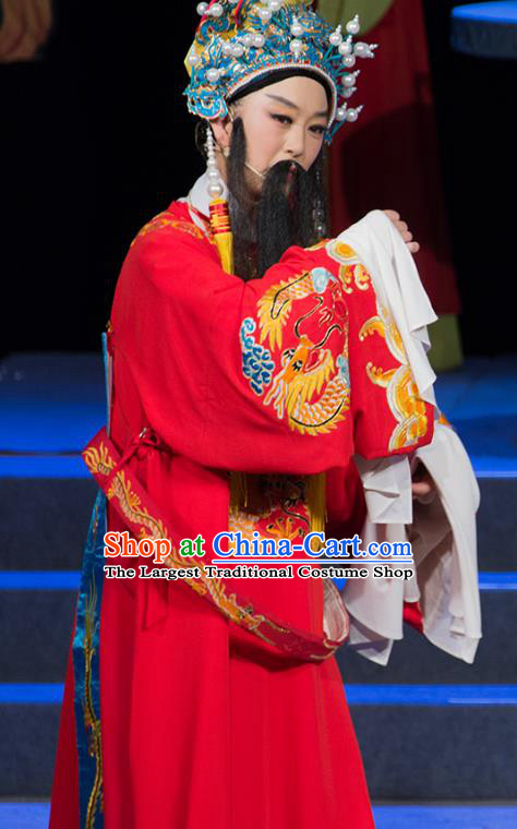 Palm Civet for Prince Chinese Yue Opera Elderly Male Apparels Costumes Red Embroidered Robe and Headwear Shaoxing Opera Laosheng Garment