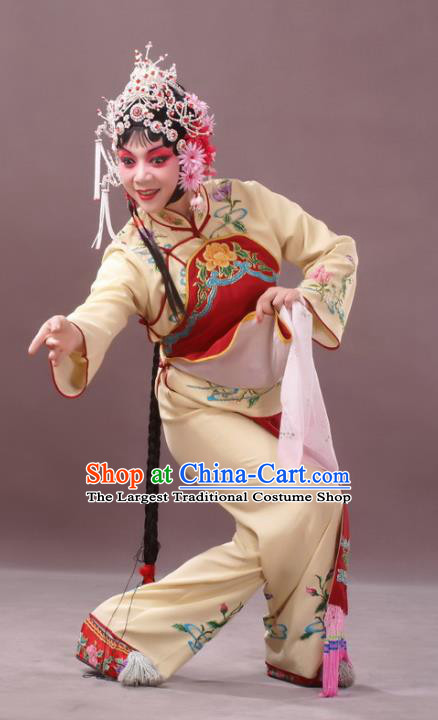 Chinese Peking Opera Young Female Sun Yujiao Costumes Apparels and Headdress Pick Up the Jade Bracelet Yue Opera Hua Tan Dress Garment