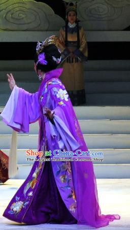 Chinese Shaoxing Opera Court Queen Purple Dress Garment and Headdress Palm Civet for Prince Yue Opera Hua Tan Empress Apparels Costumes