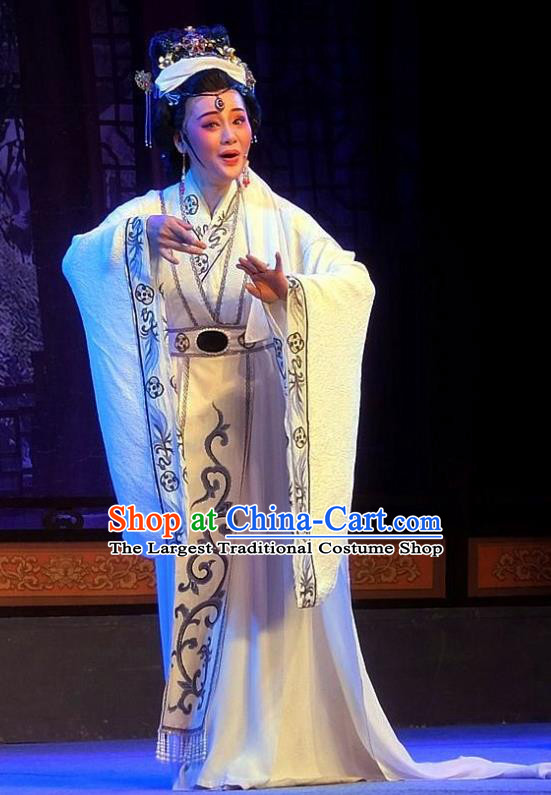 Chinese Shaoxing Opera Queen Dou White Dress Costumes and Hair Accessories Han Wen Empress Yue Opera Actress Garment Apparels