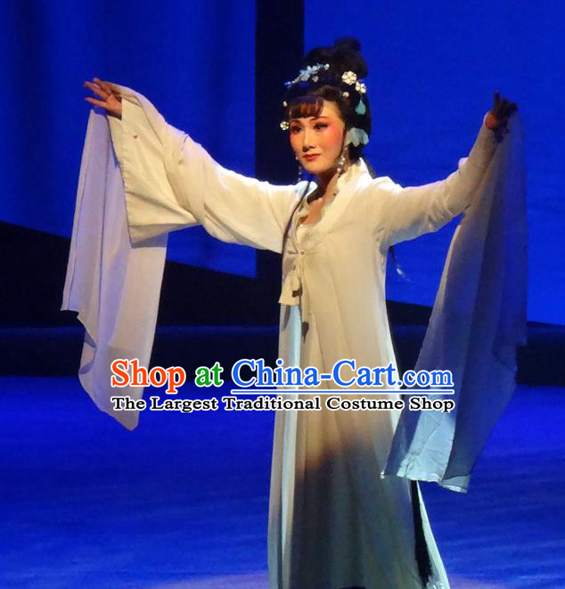 Chinese Shaoxing Opera Actress Liu Hanyan White Dress and Headpieces Smoky Rain Celadon Yue Opera Hua Tan Garment Apparels Costumes