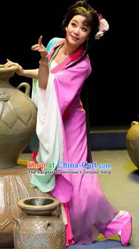 Chinese Shaoxing Opera Actress Rosy Dress and Headpieces Smoky Rain Celadon Yue Opera Hua Tan Garment Apparels Young Lady Costumes