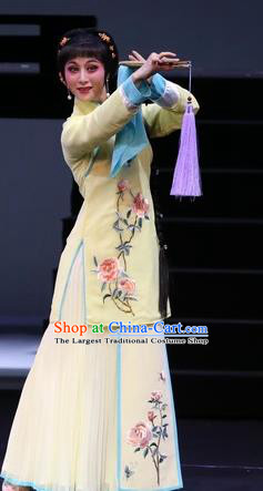 Chinese Shaoxing Opera Hua Tan Young Lady Yellow Dress Costumes and Hair Accessories Ling Long Nv Yue Opera Actress Garment Apparels