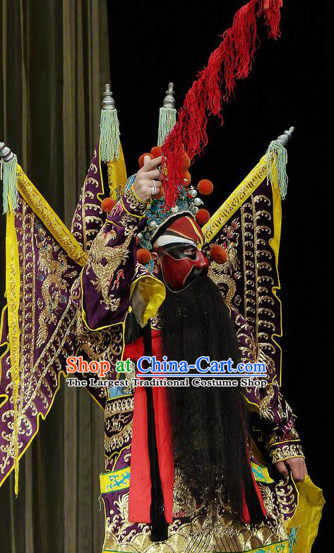 Chinese Beijing Opera Martial Role Wu Sheng Apparels Zhu Lian Zhai Peking Opera Garment Costumes General Kao Purple Armor Suit with Flags and Headwear