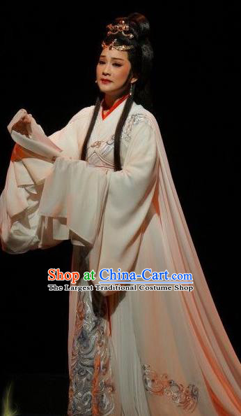 Chinese Shaoxing Opera Hua Tan Tong Que Tai Garment Apparels Costumes and Headdress Yue Opera Young Beauty Diao Chan White Hanfu Dress