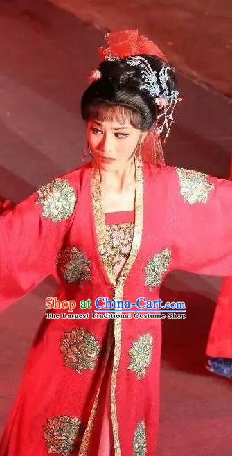Chinese Shaoxing Opera Hua Tan Red Dress Apparels and Hair Accessories Baihua River Yue Opera Actress Young Female Cai Feng Garment Costumes