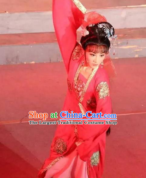 Chinese Shaoxing Opera Hua Tan Red Dress Apparels and Hair Accessories Baihua River Yue Opera Actress Young Female Cai Feng Garment Costumes