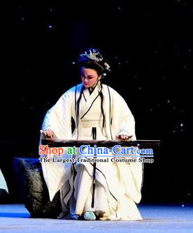 Chinese Shaoxing Opera Young Female White Dress Costumes and Headdress Yue Opera Hua Tan Cai Wenji Garment Apparels
