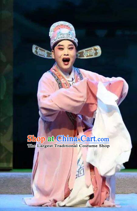 Chinese Classical Kun Opera Scholar Apparels The Story of Pipa Peking Opera Garment Young Male Pink Robe Costumes and Hat