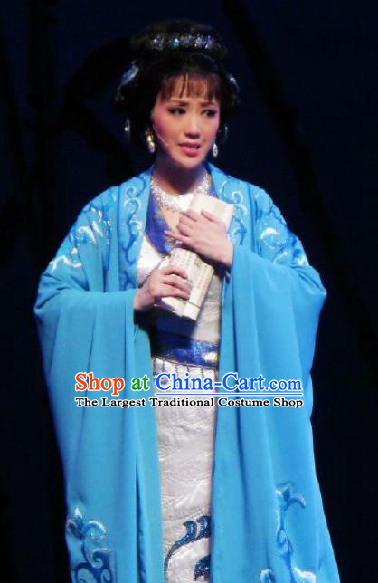 Chinese Kun Opera Female Blue Dresses Costumes The Story of Pipa Peking Opera Actress Garment Apparels and Headpieces
