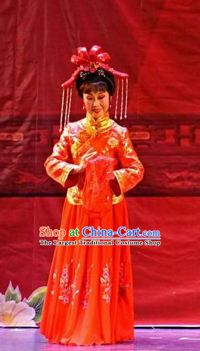 Chinese Shaoxing Opera Bride Wisp of Hemp Lin Niufen Red Dress and Headdress Yue Opera Apparels Costumes Hua Tan Wedding Garment