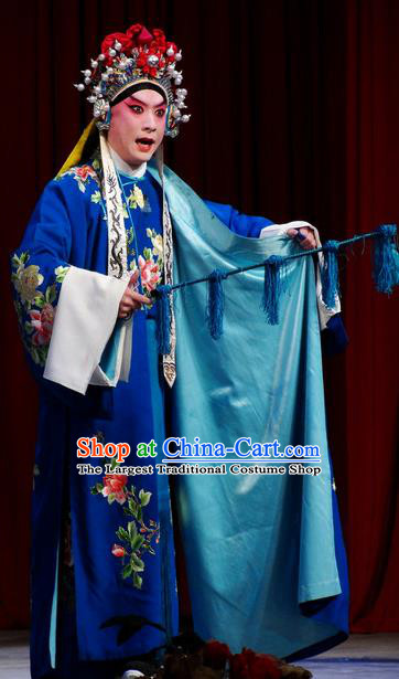Chinese Classical Kun Opera Takefu Apparels Princess Baihua Peking Opera Young Male Costumes Blue Robe and Headwear