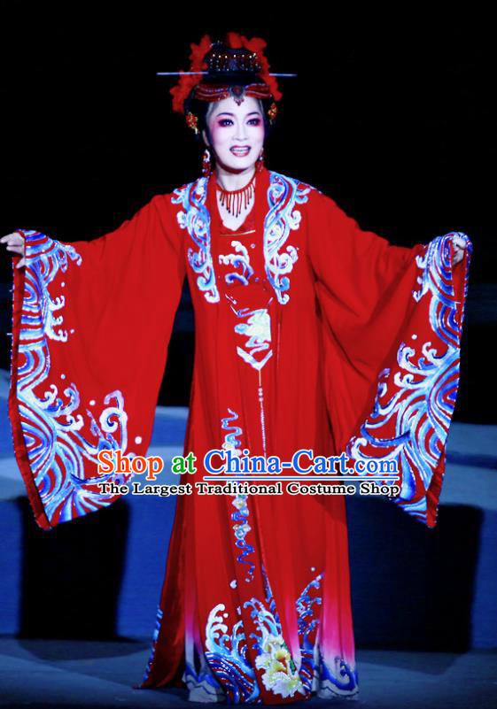 Ma Zu Chinese Shaoxing Opera Goddess Apparels and Headdress Yue Opera Actress Garment Hua Tan Lin Moniang Red Dress Costumes