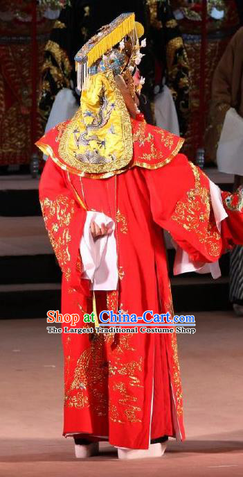 Chinese Classical Kun Opera Costumes The Palace of Eternal Youth Apparels Peking Opera Emperor Garment Red Embroidered Robe and Headwear