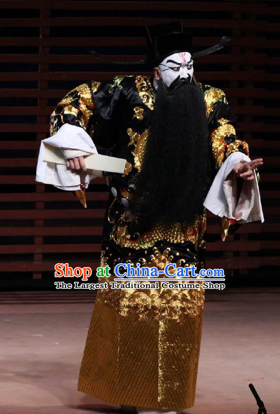 Chinese Classical Kun Opera Treacherous Official Costumes The Palace of Eternal Youth Peking Opera Garment Apparels Yang Guozhong Black Embroidered Robe and Hat