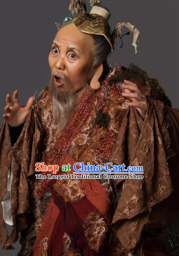 Dong Jun Qu Qi Chinese Yue Opera Elderly Male Costumes and Headwear Shaoxing Opera God of Land Garment Apparels