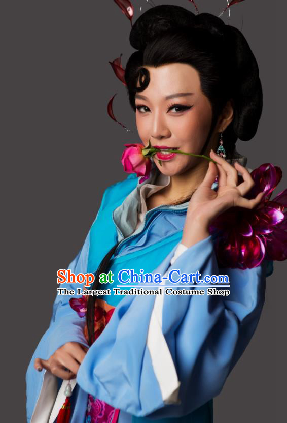 Chinese Shaoxing Opera Country Girl Blue Dress Garment and Headdress Dong Jun Qu Qi Yue Opera Hua Tan Apparels Costumes
