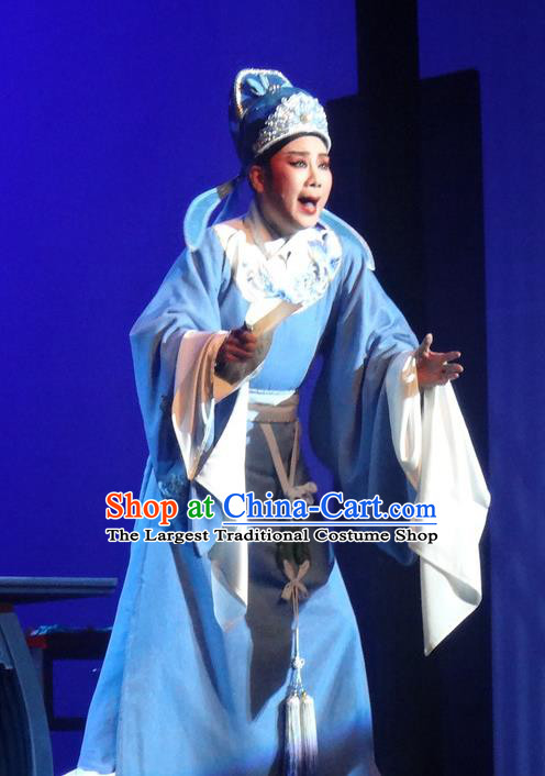 Chinese Shaoxing Opera Scholar Blue Robe Garment Yue Opera Shuang Fei Yi Young Male Apparels Li Shangyin Costumes and Hat