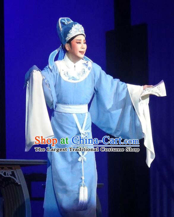 Chinese Shaoxing Opera Scholar Blue Robe Garment Yue Opera Shuang Fei Yi Young Male Apparels Li Shangyin Costumes and Hat