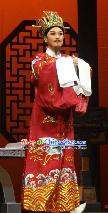 Chinese Shaoxing Opera Chancellor Red Official Garment Yue Opera Shuang Fei Yi Apparels Prime Minister Costumes and Hat