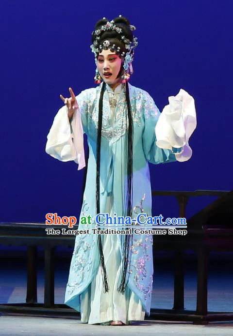 Chinese The Purple Hairpin Kun Opera Rich Lady Costumes Peking Opera Garment Hua Dan Huo Xiaoyu Blue Dress Apparels and Headdress