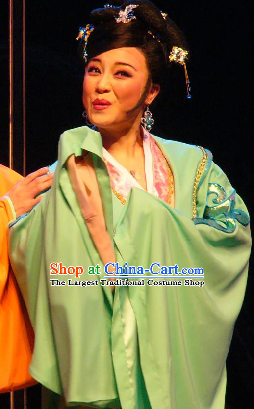 Chinese Shaoxing Opera Actress Green Dress Costumes and Headpieces Painted Skin Hua Pi Yue Opera Young Mistress Wang Garment Apparels