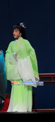 Chinese Shaoxing Opera Young Lady Green Dress Costumes and Headpieces Wu Yi Lane Yue Opera Hua Tan Xi Daomao Garment Apparels