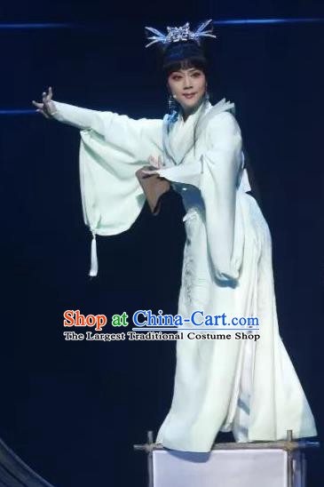 Chinese Shaoxing Opera Young Lady White Dress Apparels Costumes and Headpieces The Story of Goddess Yue Opera Wudan Garment