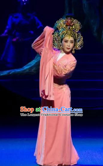 Chinese Shaoxing Opera Hua Tan Apparels Costumes and Headdress The Story of Goddess Yue Opera Actress Pink Dress Garment