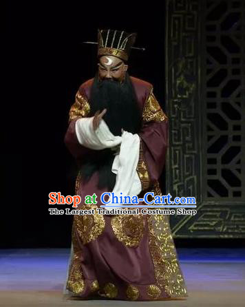 Chinese Yue Opera Laosheng Elderly Male Baozheng Tears Apparels and Hat Shaoxing Opera Garment Costumes Official Robe Vestment
