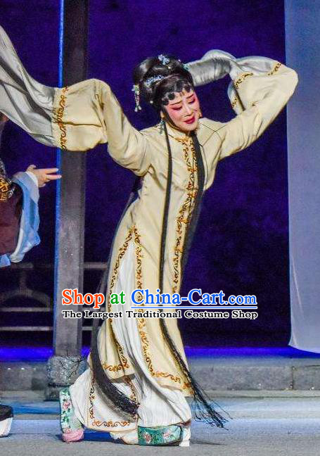 Chinese Shaoxing Opera Distress Maiden Dress Costumes and Headpieces Tuan Yuan Zhi Hou Yue Opera Tsing Yi Garment Apparels