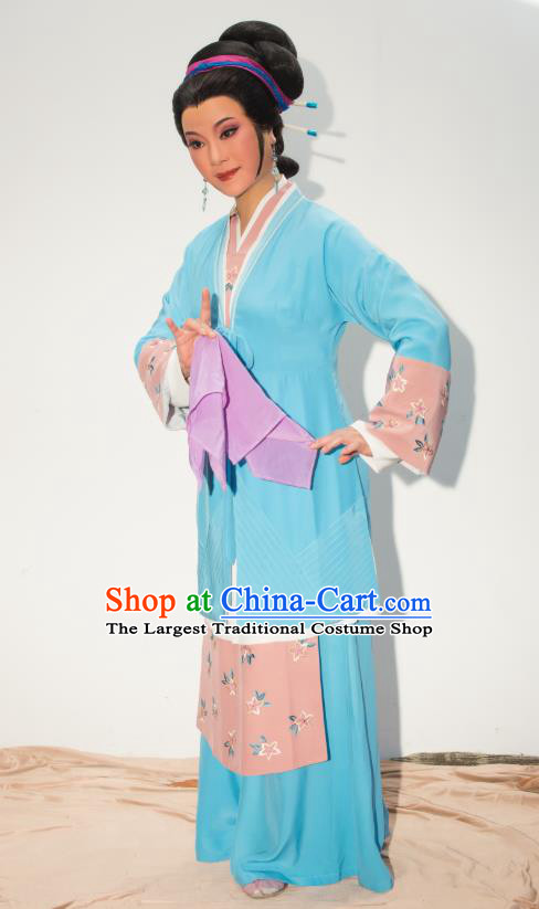 Chinese Shaoxing Opera Actress Blue Dress Ren Heart Medicine Costumes and Headpieces Yue Opera Apparels Young Mistress Garment