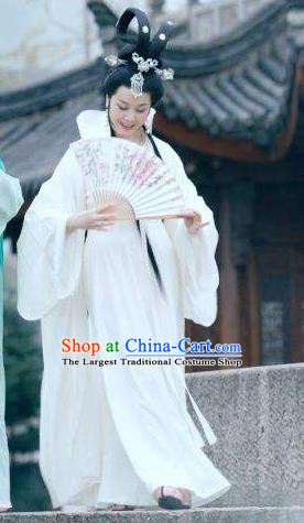 Chinese Shaoxing Opera Hua Tan Bai Suzhen Garment Costumes and Headdress Legend of White Snake Yue Opera Actress White Dress Apparels