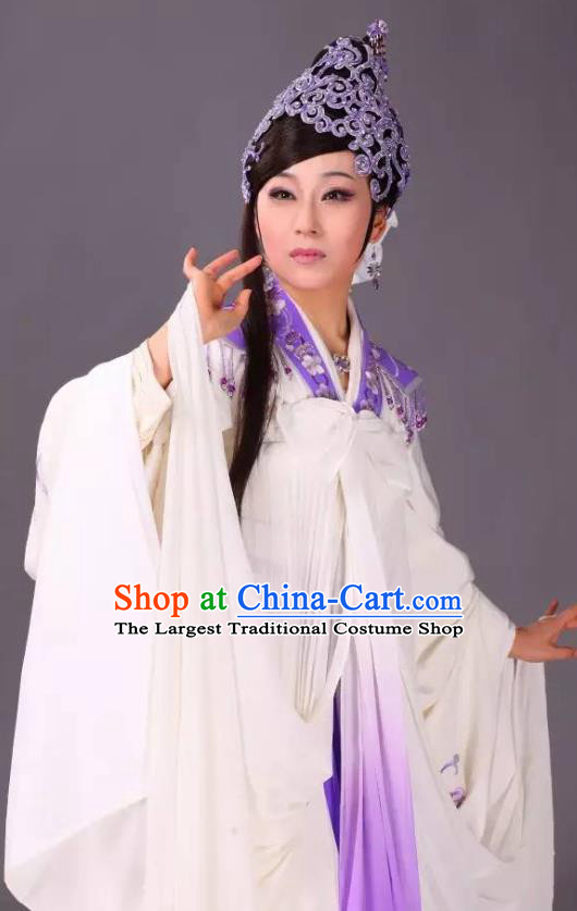 Chinese Shaoxing Opera Young Female Costumes and Headdress Legend of White Snake Yue Opera Actress Bai Suzhen Dress Garment Apparels