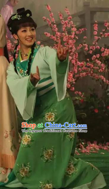 Chinese Shaoxing Opera Servant Girl Garment Apparels and Headpieces Legend of White Snake Yue Opera Xiao Dan Green Dress Costumes