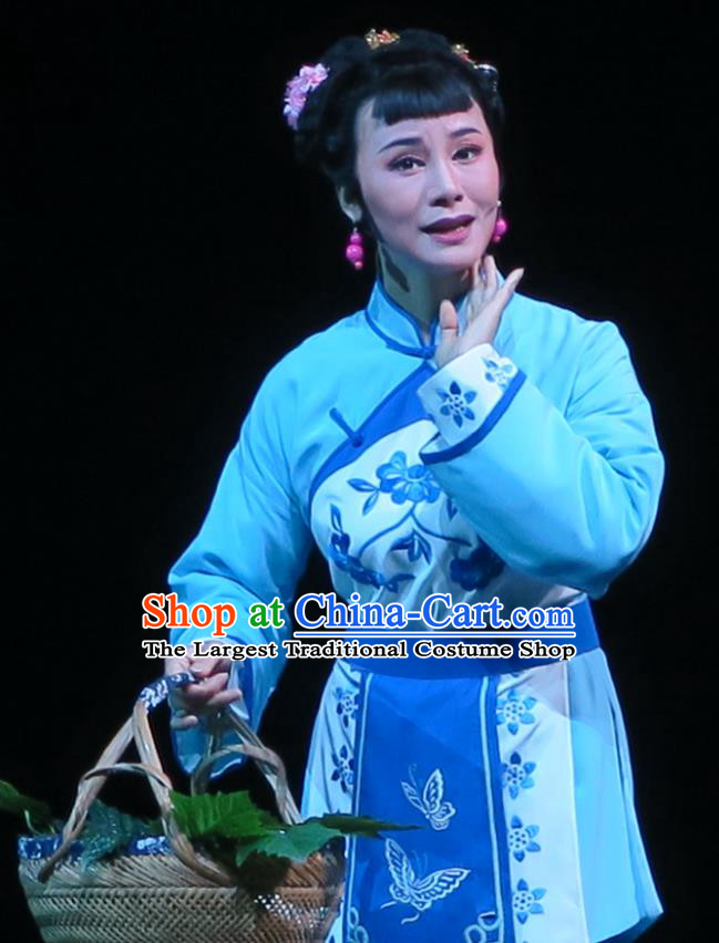 Chinese Shaoxing Opera Village Girl Costumes and Headpieces Wu Gu Niang Yue Opera Young Lady Garment Apparels