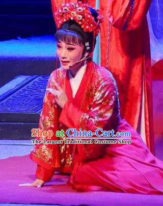 Chinese Shaoxing Opera Hua Tan Wedding Apparels Costumes and Headdress Fang Cao Meng Yue Opera Actress Red Dress Garment