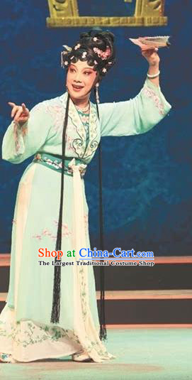 Chinese Shaoxing Opera Actress Noble Lady Green Dress Garment Apparels and Headdress Lian Sheng San Ji Yue Opera Young Female Costumes