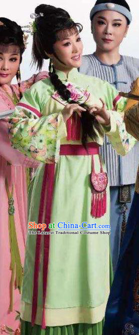 Chinese Shaoxing Opera Female Swordsman Green Dress Garment Apparels and Headdress Lu Ding Ji Yue Opera Young Lady Costumes