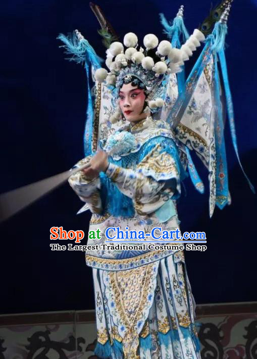 Chinese Shaoxing Opera Tao Ma Tan Mu Guiying Apparels Costumes and Headdress Bai Sui Gua Shuai Yue Opera Martial Female General Kao Armor Suit with Flags Garment